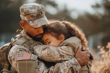 A soldier in military camouflage embraces a toddler in their uniform, showing the humanity and love behind the stoic exterior of the army - obrazy, fototapety, plakaty