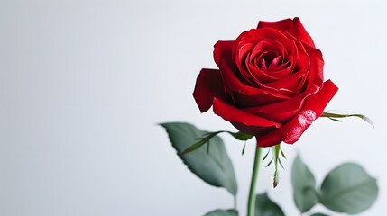 A red red rose with green leaves isolated on a white background
