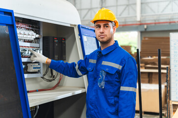 Professional male caucasian engineer or manufacturing worker man person in factory portrait, smart...