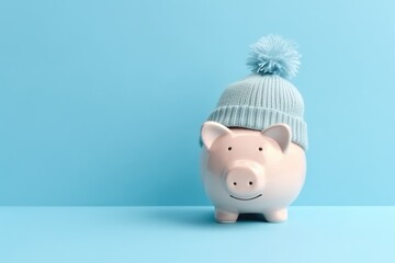 Piggy bank with warm hat. Paying winter autumn bills concept with copy space
