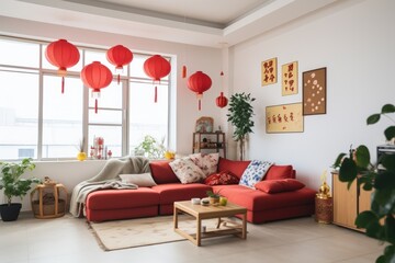 Cozy home interior with chinese new year decorations in living room.