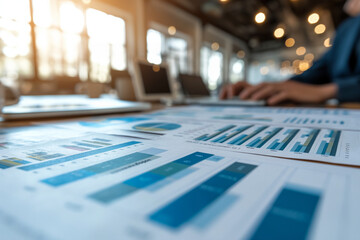 Business professionals analyzing data charts on a computer monitor, reflecting strategic business planning, financial analysis, and corporate growth concepts