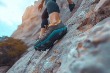 An adventurous person stands atop a rugged rock, their feet clad in sturdy climbing shoes, gazing up at the endless sky while surrounded by the majestic beauty of the mountains - Powered by Adobe