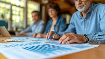 Business team engaged in strategic planning with detailed charts on a large monitor, highlighting corporate finance, market analysis, and growth strategy concepts