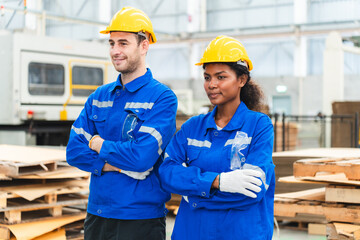 Happy technician group enjoying their successful job, Professional warehouse worker team celebrating success in storage warehouse factory, Cheerful officer having fun at work, Logistic business work