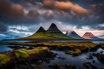 Crédence de cuisine en verre imprimé Kirkjufell The captivating beauty of Kirkjufell volcano during a clear evening, the tranquil surroundings of the Snaefellsnes peninsula enhancing the picturesque and serene atmosphere