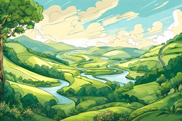 A verdant valley, lush and green, with a meandering river flowing through it, surrounded by gently rolling hills under a bright, sunny sky