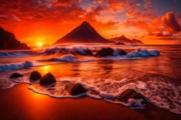 An enchanting beach sunset, the sky a canvas of fiery colors, lonely figures wandering in the distance, the shore kissed by lively foamy waves, all under the watchful eyes of distant volcanic hills