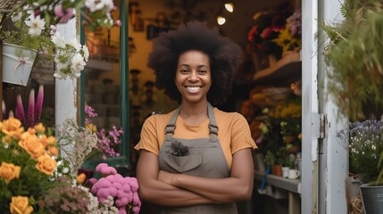 A young black business owner of a florist in front of her shop