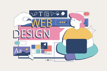 Web development concept in flat neo brutalism design. Woman creating homepage interface with placing content and buttons on mockup. Vector illustration for social media banner, marketing material.