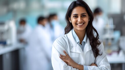 Female scientist in a white coat in a laboratory with colleagues in the background - obrazy, fototapety, plakaty