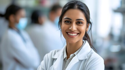 
Smiling attractive indian female doctor in white coat in a laboratory with colleagues in the blurred background - Powered by Adobe