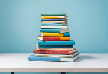 Fototapeta premium Pile of colorful books on white table with light blue background. Education, self-learning, book swap, library, hobby, relax time