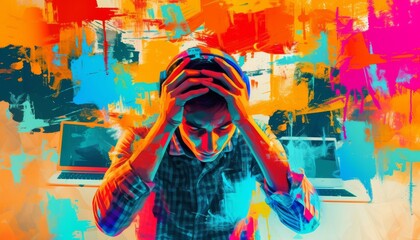 Capturing the essence of tech frustration and work stress, this illustration portrays a man at a laptop, holding his head, symbolizing burnout and information overload in the modern workplace