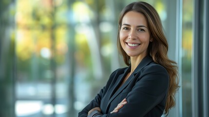 A business woman standing confidently in front of her office