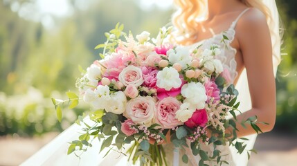 Hands of bride holding a beautiful bridal bouquet of roses