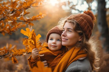 A young mother cradles her precious baby amidst the vibrant colors of autumn, surrounded by the warmth of nature and the innocence of childhood