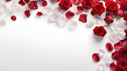 Red rose petals and full blooms scattered on a crisp white background. Valentines, romance, floral concepts. 