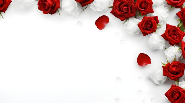 Red rose petals and full blooms scattered isolated on a crisp white background. Valentines, romance, floral concepts. 