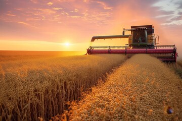 As the sun sets over the vast wheat field, a powerful combine harvester tirelessly collects the...
