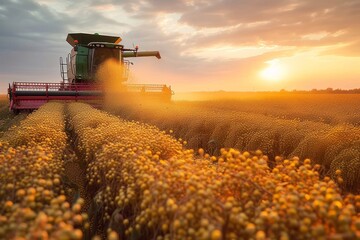 Fototapeta premium As the golden sun sets over the vast landscape, a powerful farm machine diligently harvests the rich crops, bringing in the bounty of the summer season