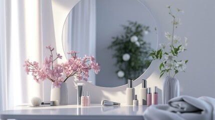 a stylish round mirror adorning a dressing table, surrounded by an array of carefully arranged cosmetic products and fresh flowers, exuding a sense of beauty and refinement in a feminine space.