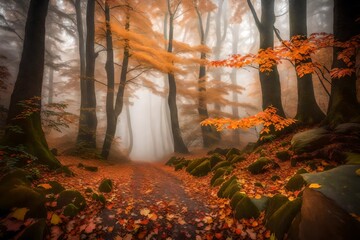 The ethereal beauty of a foggy autumn day in the forest, the trees and underbrush veiled in mist, their leaves showcasing the rich, warm palette of the season
