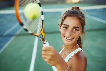 A young woman exudes confidence and determination as she holds a tennis racket and ball, ready to conquer the court with her athletic prowess and skill in the fast-paced game of tennis