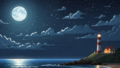 Moonlit beach and a lonely lighthouse in the style of pixel art with atmospheric clouds dark sky-blue and gray