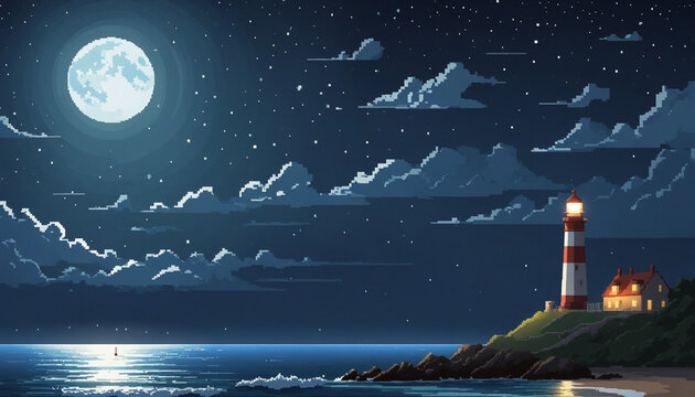 Moonlit beach and a lonely lighthouse in the style of pixel art with atmospheric clouds dark sky-blue and gray