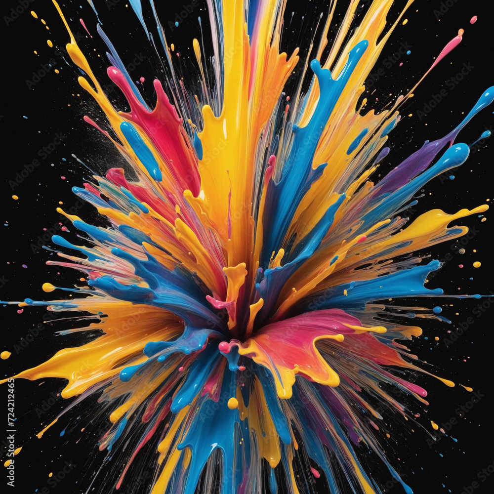 Poster abstract explosion of colors in paint splashes, isolated on black. mixed liquid vivid flow, curved d