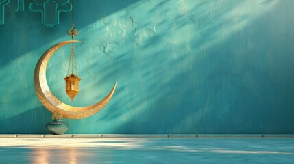 Ramadan crescent on modern blue wall background. Design creative concept of islamic celebration day ramadan kareem or eid al fitr adha, copy space text area, 3D illustration - obrazy, fototapety, plakaty