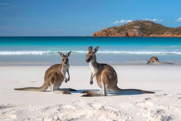A family of majestic red kangaroos stands tall on the sandy beach, their marsupial silhouettes against the vibrant blue sky as they bask in the peaceful outdoor oasis of the shimmering water's edge
