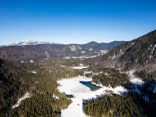 Aerial view of Fusine lakes and Tarvisio valley, Italy