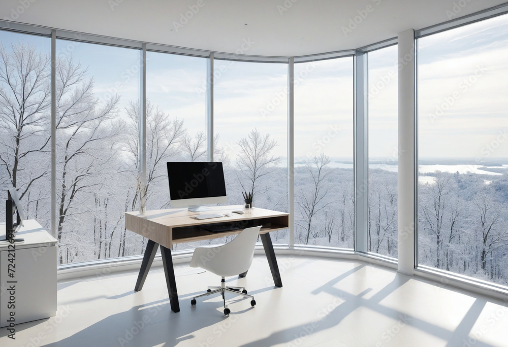 Poster white office interior design with computer on the table and big panoramic windows. generative ai
