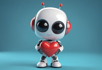 Cute little robot assistant with heart in his hands on blue background. Friendly chat bot character. Generative AI