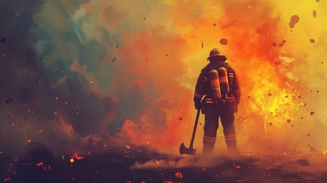 brave firefighter with axe standing in front of frightening explosion, digital art style, illustration painting