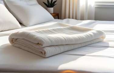 Fototapeta na wymiar White folded duvet on white bed. household, domestic activities, hotel and home