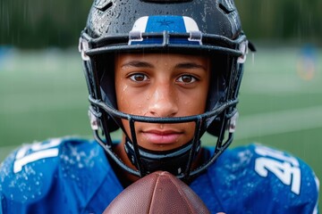 A young boy eagerly prepares for his team's upcoming football game, proudly wearing his blue jersey and holding his trusty football, ready to conquer the field with his team by his side
