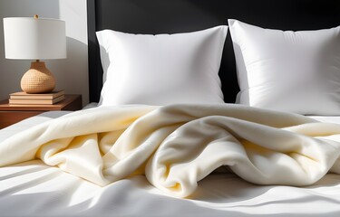 White folded duvet on white bed. household, domestic activities, hotel and home