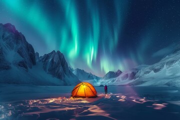 Under the starry sky, a lone figure gazes at the dancing auroras above their snowy campsite,...