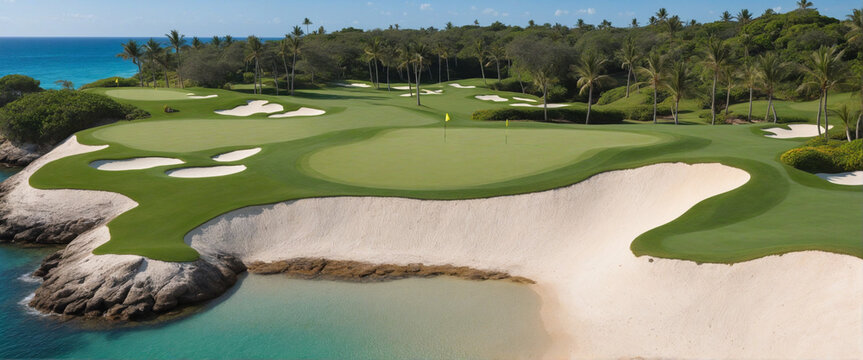 A resort golf course by the sea, on a beautiful sunny day. A long hole par 5 hole by the sea shore. Generative AI. 
