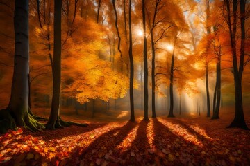 A panoramic view of an autumn forest, where the early morning sun casts a radiant glow on the multicolored leaves. The scene is peaceful, with no wind, only the sound of rustling leaves.