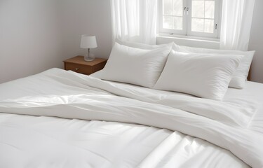 White folded duvet on white bed. household, domestic activities, hotel and home