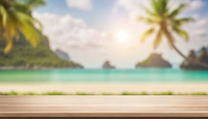 Tropical beach with palm trees empty scene. Wooden table top in front, blurred summer vacation on the island background 