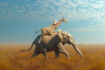 An unlikely friendship between a majestic giraffe and a sturdy elephant, traversing the vast savanna under the open sky, surrounded by the beauty of wildlife and the peacefulness of the grassy field