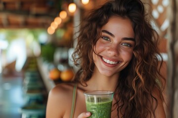 a smiling woman holding a green smoothie