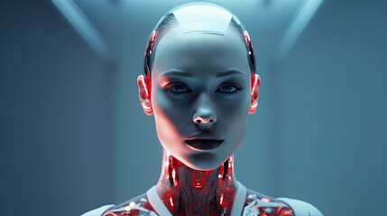 Beautiful cyborg girl on a technological background. Futuristic robot woman. Technology, robotics, artificial intelligence and future concept.