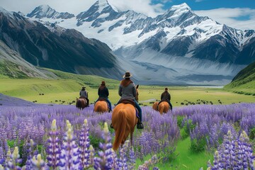 A majestic herd of horses gallops freely through a breathtaking landscape of lavender fields,...