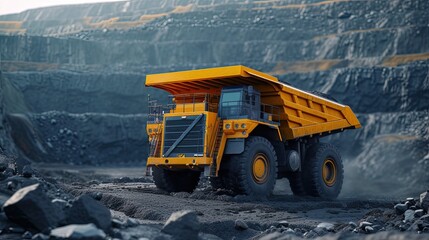 open pit mining with a realistic photograph featuring a large yellow mining dump truck extracting anthracite coal, showcasing the scale and machinery involved in the mining industry.